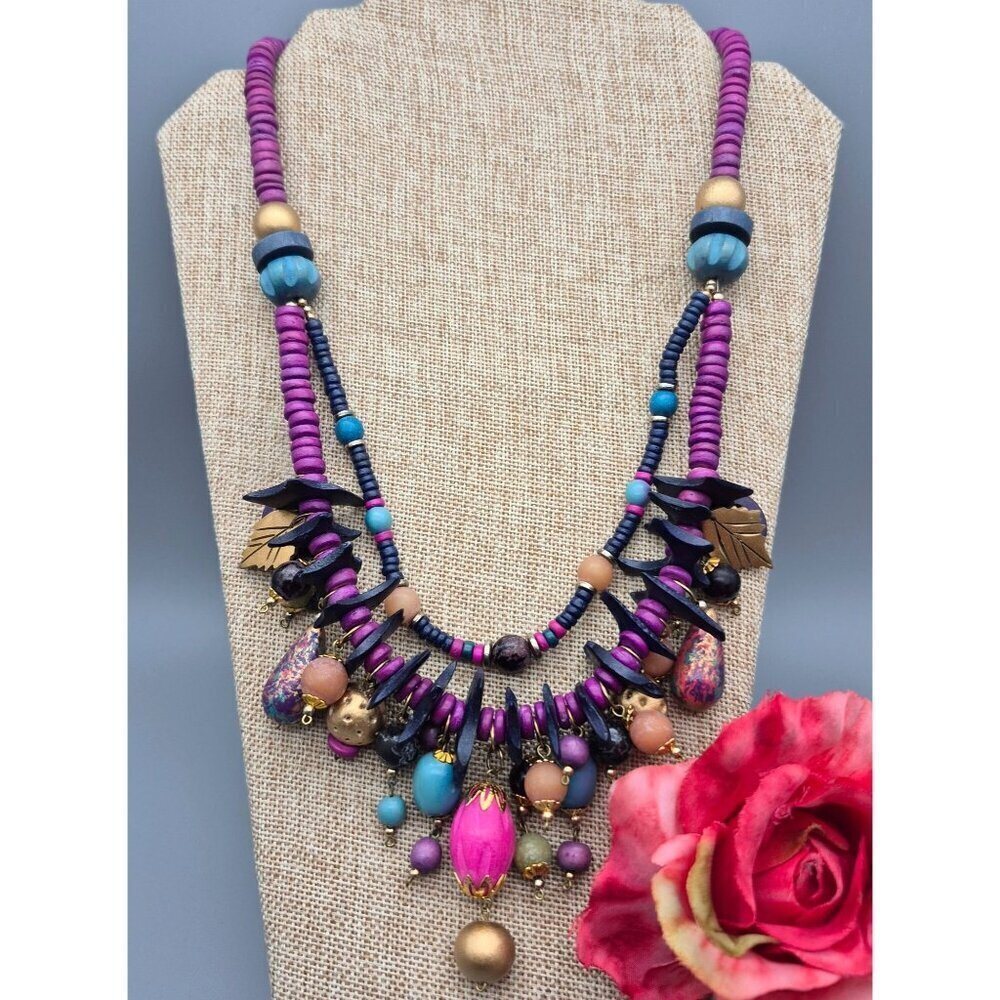 Multi Strand Purple & Blue Chunky Statement Necklace Wooden Beads Unique 23"